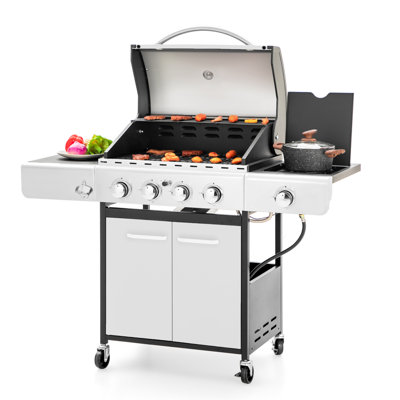 4 - Burner Liquid Propane 42000 Btu Gas Bbq Grill With Side Burner And Cabinet