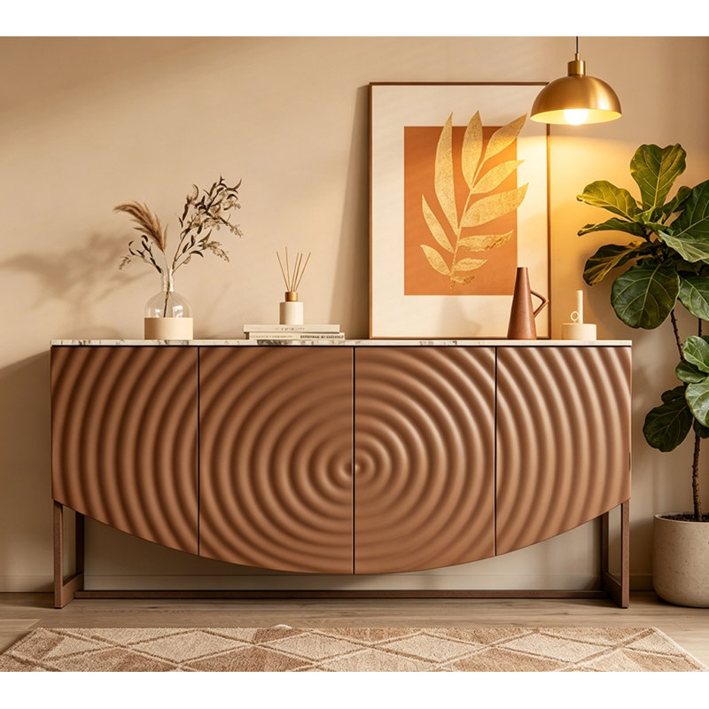 Artistic Curved Storage Sideboard Cabinet, Three-Dimensional Wave Texture Panel, Easy-Clean Faux Marble Countertop, Sturdy Metal Legs, Multi-Purpose 4-Door Buffet Cabinet for Nordic Minimalist Home Decor
