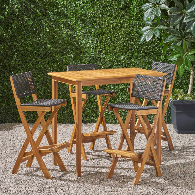 Aiyden 4-Person Acacia and Wicker Bar Height Dining Set, Natural Wood/Brown, 41" H x 45" L x 26" W, 4