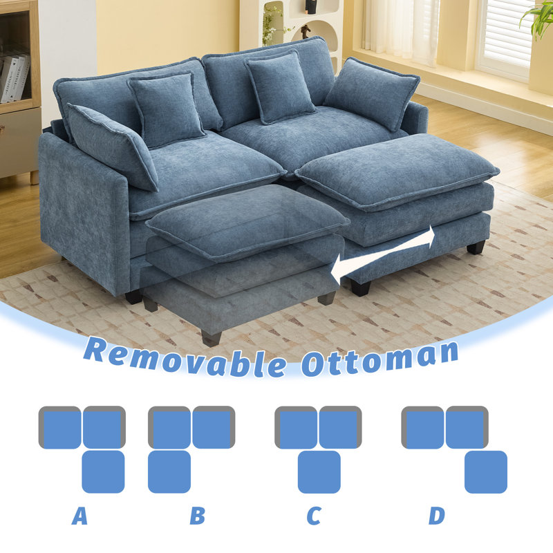 Chenille Upholstered Sectional Sofa Couch with Ottoman, 2 Seat + 1 Ottoman, Blue