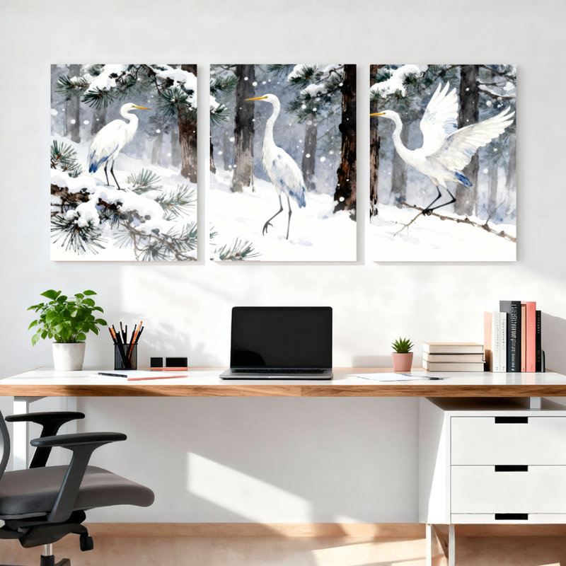 Ensemble de 3 tableaux muraux sur toile représentant des hérons de la forêt enneigée, H 36 po x l 72 po