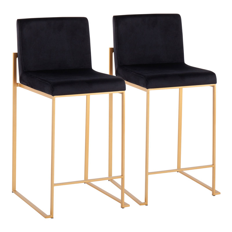 Brieon High Back Upholstered Bar & Counter Stool (Set of 2), Black Velvet, Gold, Counter Stool"26"