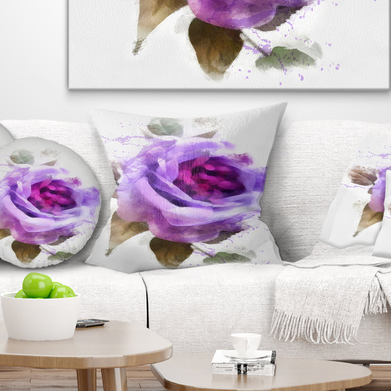 Aquarelle rose mauve avec feuilles - coussin à imprimé floral, 16 po x 1 po, Coussin décoratif