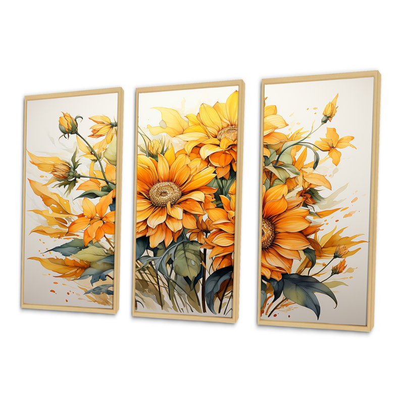 Tournesols, minimalisme, ensemble d'art sur toile, H 28 po x l 36 po x P 1 po, Cadre naturel flottant