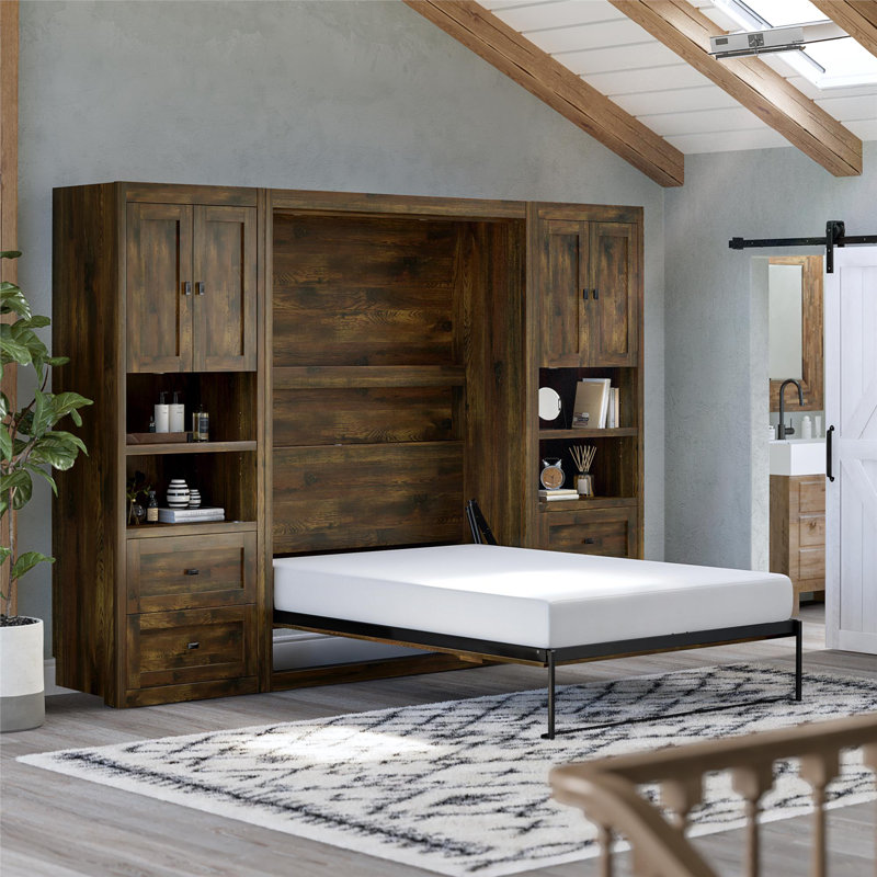 Elwina Full Murphy Wall Bed Bundle With 2 Side Cabinets, Rustic