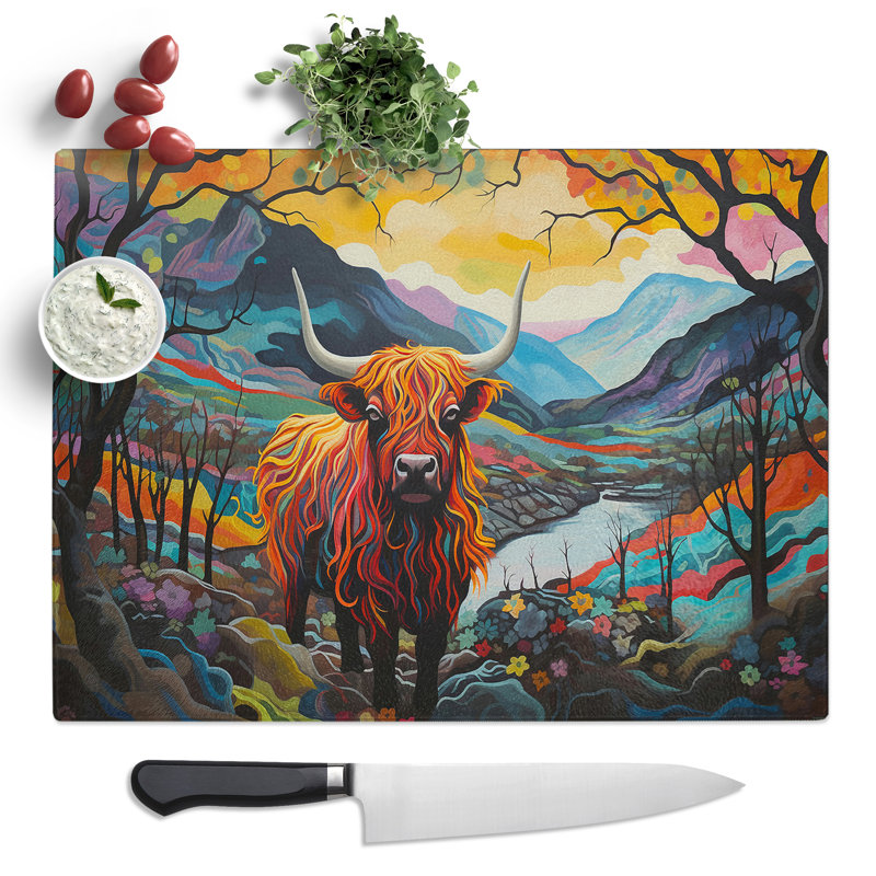 Highland Cow Dadaism  Glass Chopping Board