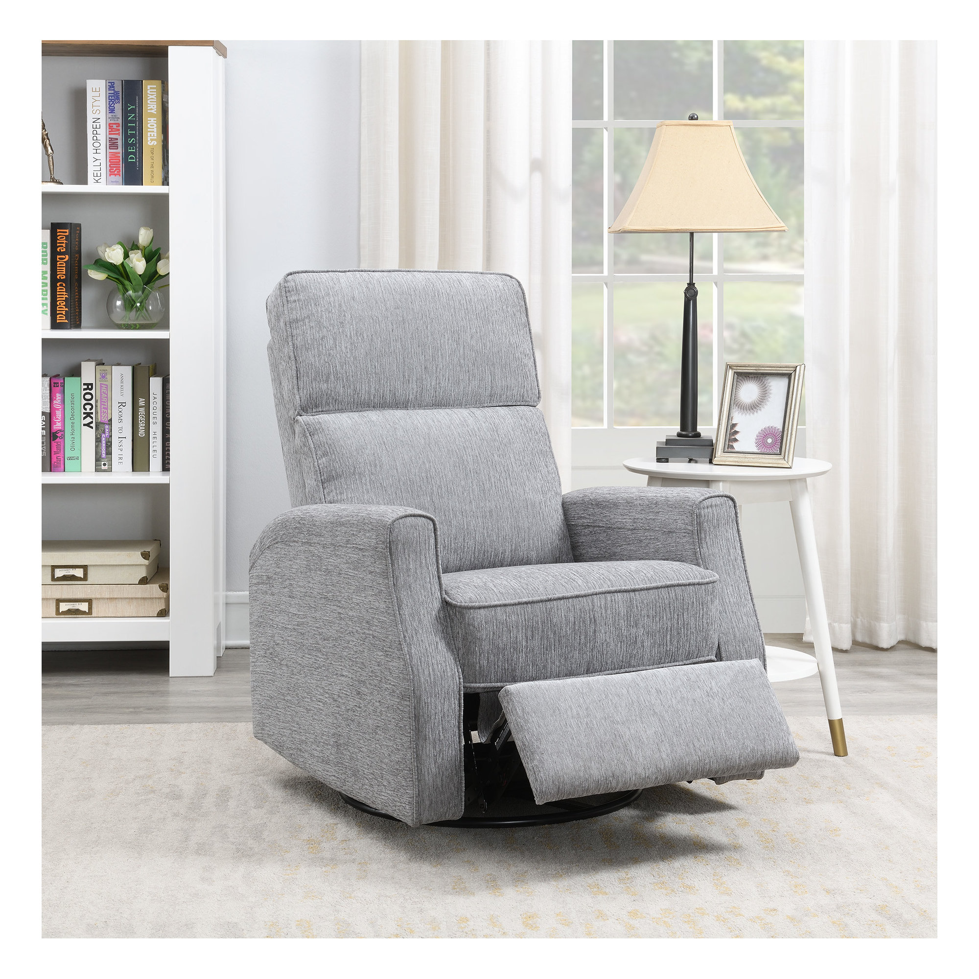Pomeline Upholstered Swivel Recliner, Light Gray Polyester