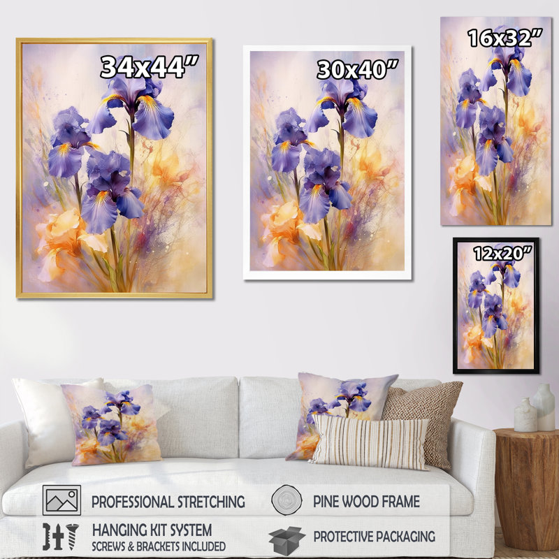 «Mauve jaune et iris», impressions sur toile, H 32 po x l 24 po x P 1 po, Toile tendue