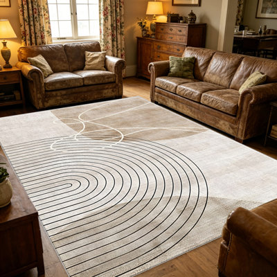 Tapis brun Boho Line pour le salon, doux et confortable, convient à toutes les saisons, facile à entretenir, tapis de sol intérieur lavable à la machine, sous la table de ferme convenant à la chambre à coucher, à la salle à manger, au bureau, au patio, au balcon, à la décoration intérieure