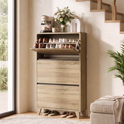 Armoire à chaussures avec 3 tiroirs rabattables, range-chaussures en bois 18 à 24 paires pour le vestibule