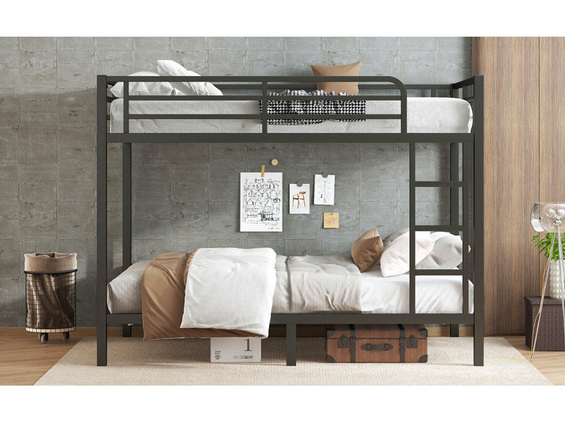 Lit superposé au dessus d'un lit double en métal pour adultes et adultes, Double TG sur double TG, Noir
