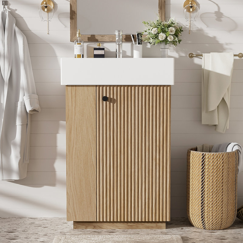 Meuble-lavabo de 21,6 po avec lavabo en céramique, armoire à grain de bois moderne à porte droite avec rangement ouvert et fermé