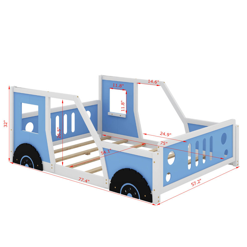 Lit plateforme double avec roulettes, Bleu
