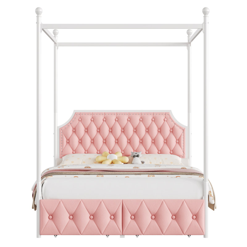 Artevious Upholstered Metal Canopy Storage Bed, Full, Pink