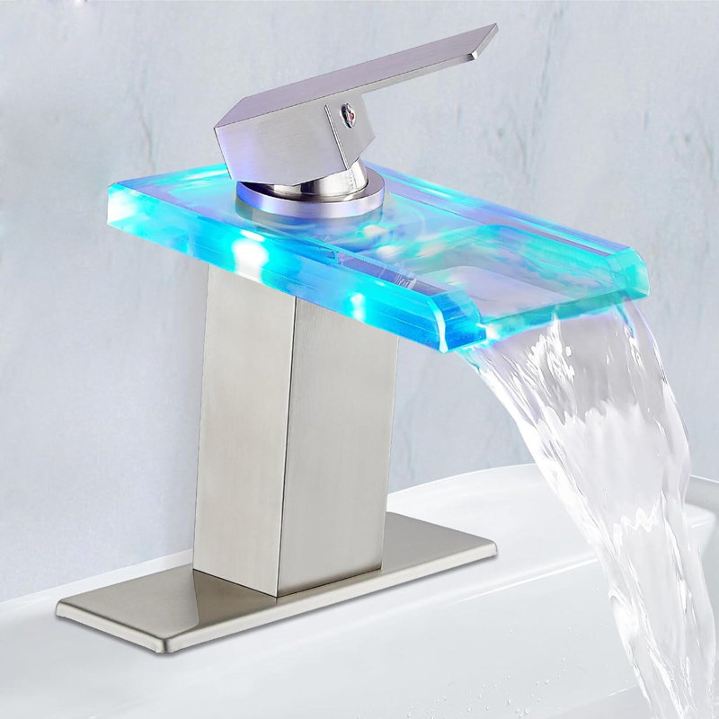 Brushed Nickel Bathroom Sink Faucet LED Waterfall Vanity Mixer Faucet with Cover