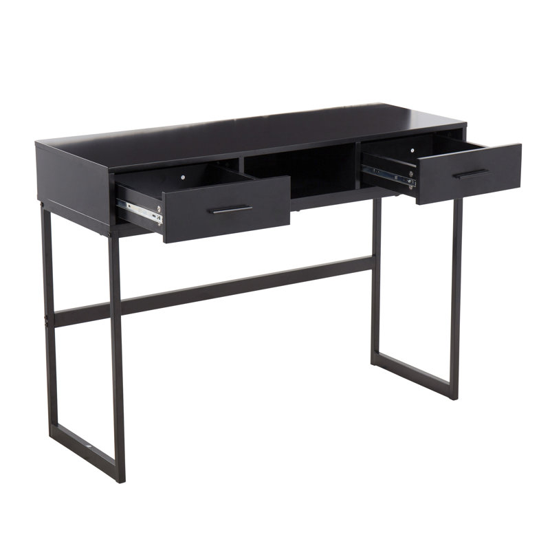 Console contemporaine à deux tiroirs, structure en bois d'ingénierie noir et métal