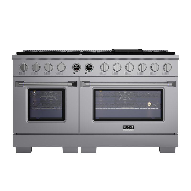 KUCHT 60 In. 7.9 Cu. Ft. 10 Burners Dual Fuel Range For Propane Gas In Stainless Steel + Under Cabinet Range Hood