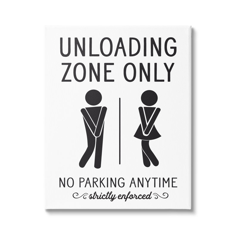 «Unoading Zone Witty Bathroom Symbols Casual Sign» par lettré et doublé - cadre flottant, impression sur toile, Toile tendue