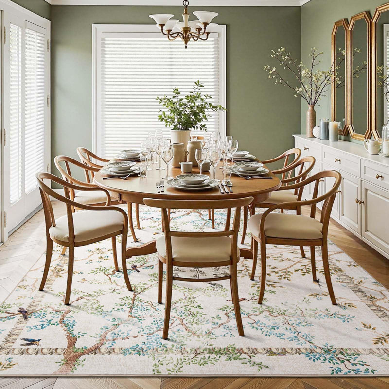 Floral Rug Botanical Birds Print Nature Plants Washable Non-slip Natural Ivory, Rectangle 6' x 9', Ivory