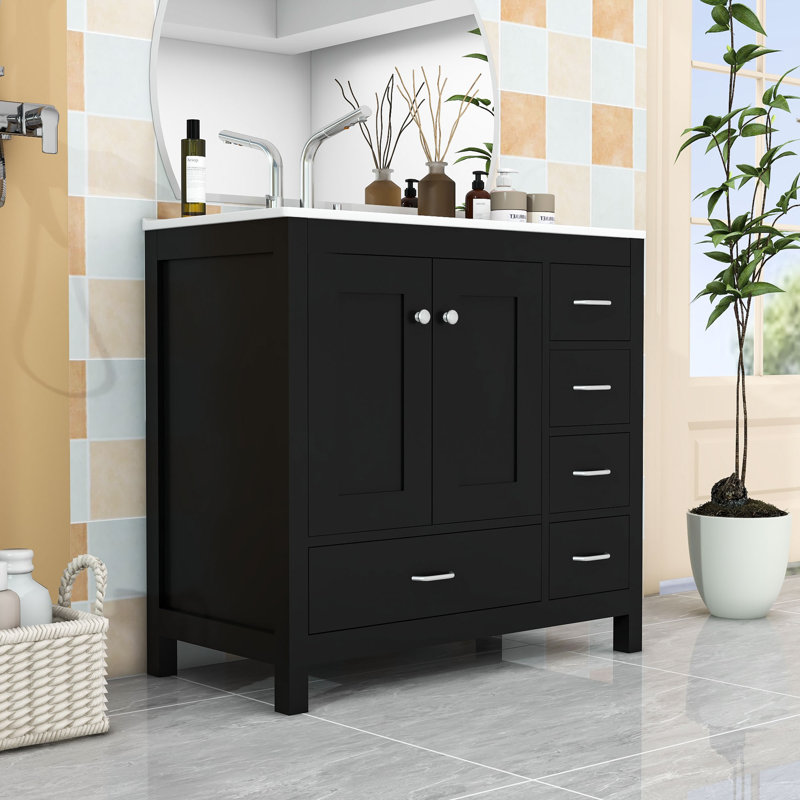 Modern Wooden Freestanding Single Bathroom Vanity with Ample Storage and Ceramic Basin, Black