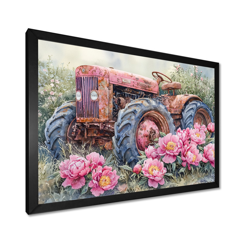 Pivoines par le vieux tracteur VI - pivoines, art mural, Reproduction d'une seule photo avec cadre, H 30 po x l 40 po, Noir