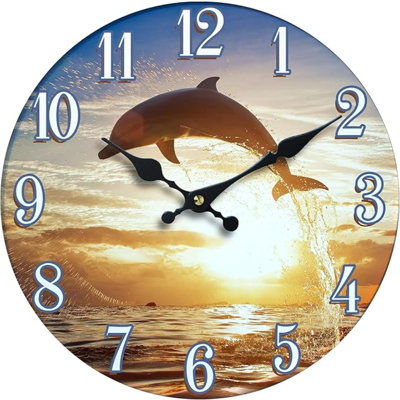 Glass Wall Clock - Coastal, Nautical, And Beach Themed | Decorative And Aesthetic Timepiece | Ideal Home Decor For Living Room, Bedroom, Or Beach House | 13 X 13 Inches | Dolphin Sunset