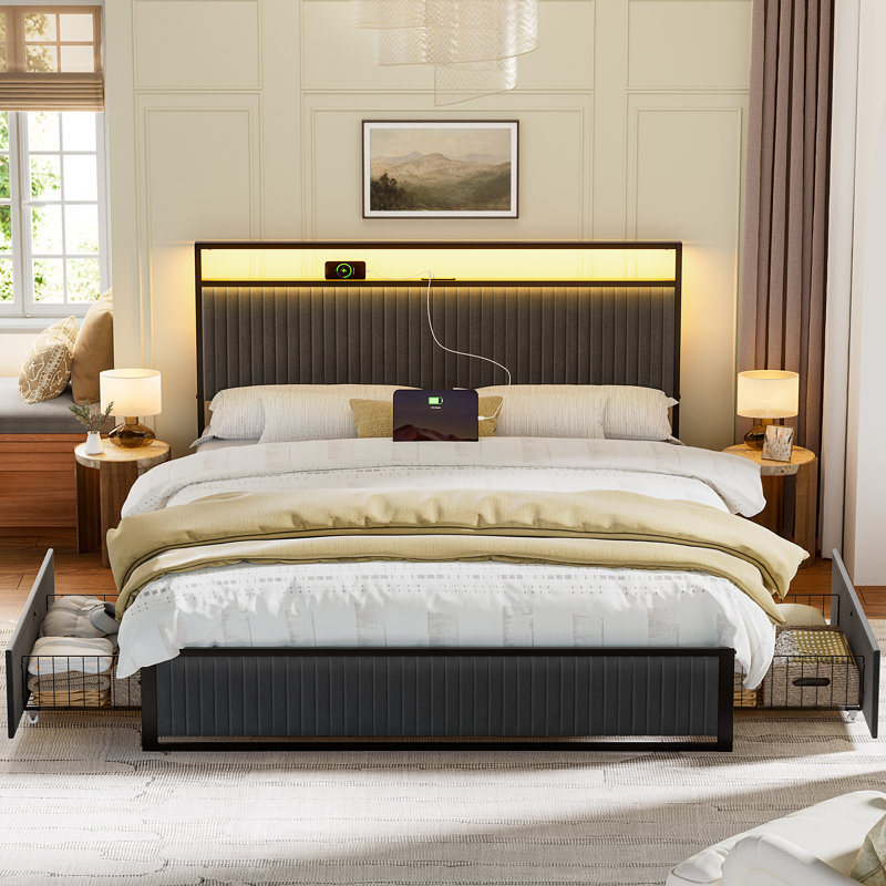 Antioch Upholstered Bed Frame with 2 Storage Drawers, Modern Queen Platform Bed with Charging Station & LED Light, No Spring Box Needed, Dark Grey