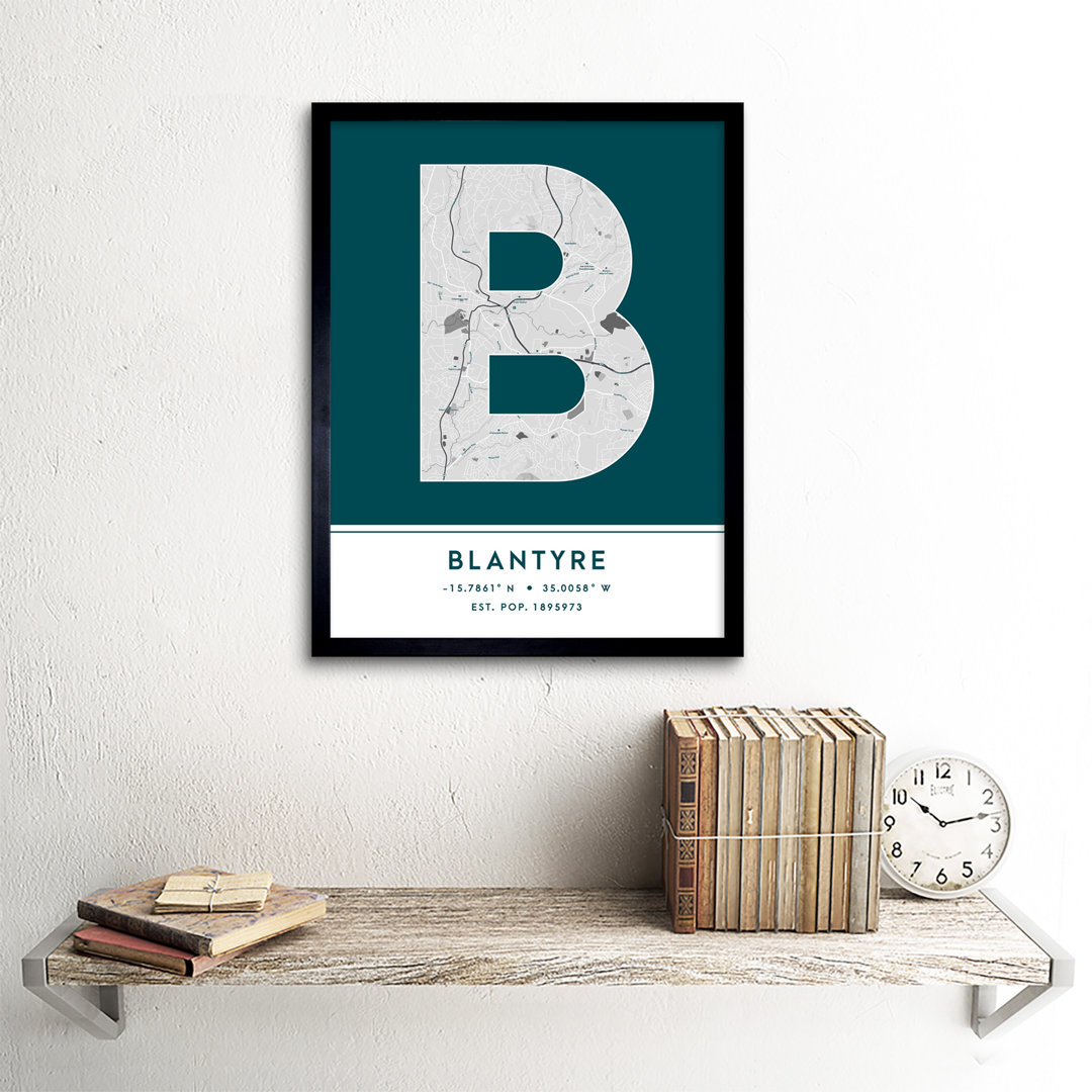 Blantyre City Map Blantyre Teal - Single Picture Frame Typography