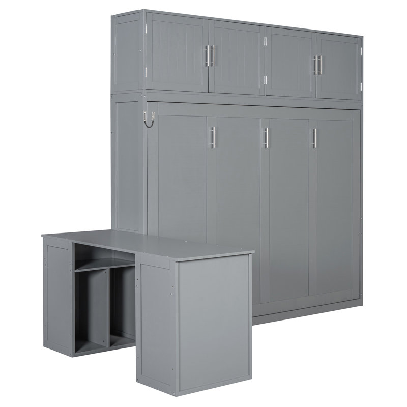 Grand lit escamotable mural avec bureau, tablettes de rangement et grands armoires, Gris