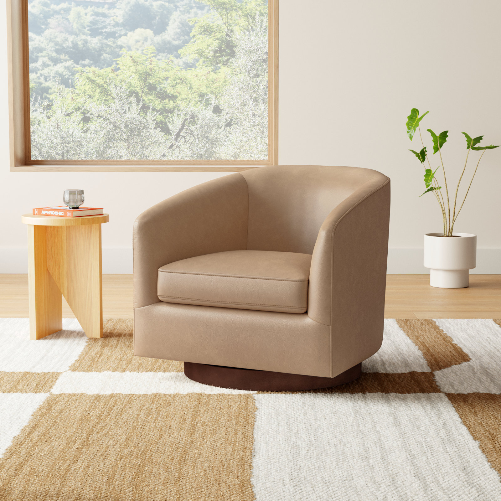 Bennett Vegan Leather Swivel Barrel Chair, Copley Brown Performance