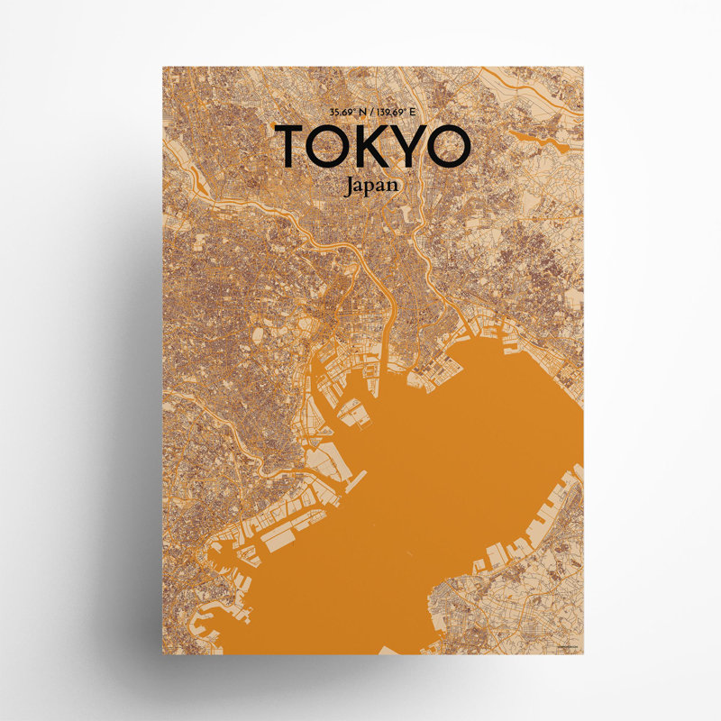 Carte de la ville de Tokyo, impression, Orange / or pâle, H 27,6 po x l 19,7 po