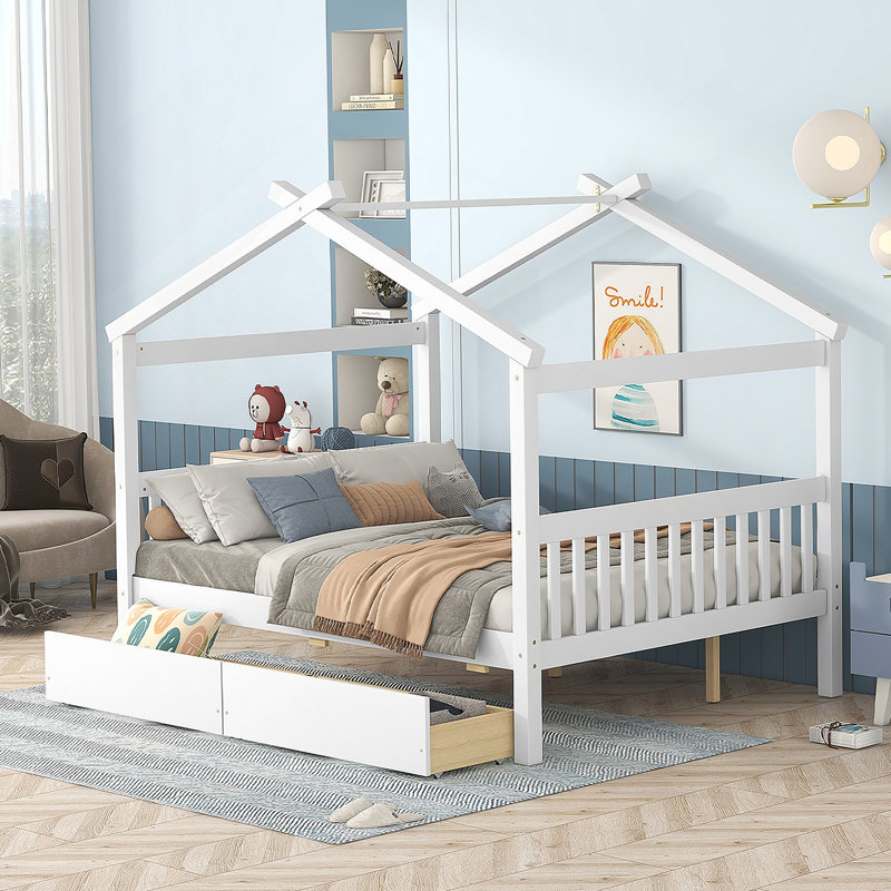 Lit en bois avec tiroirs, Blanc
