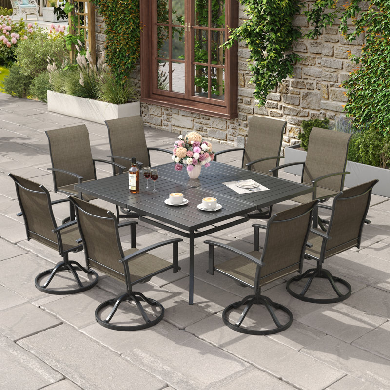 Ensemble repas d'extérieur carré pour 8 personnes avec fauteuils pivotants, Noir / brun