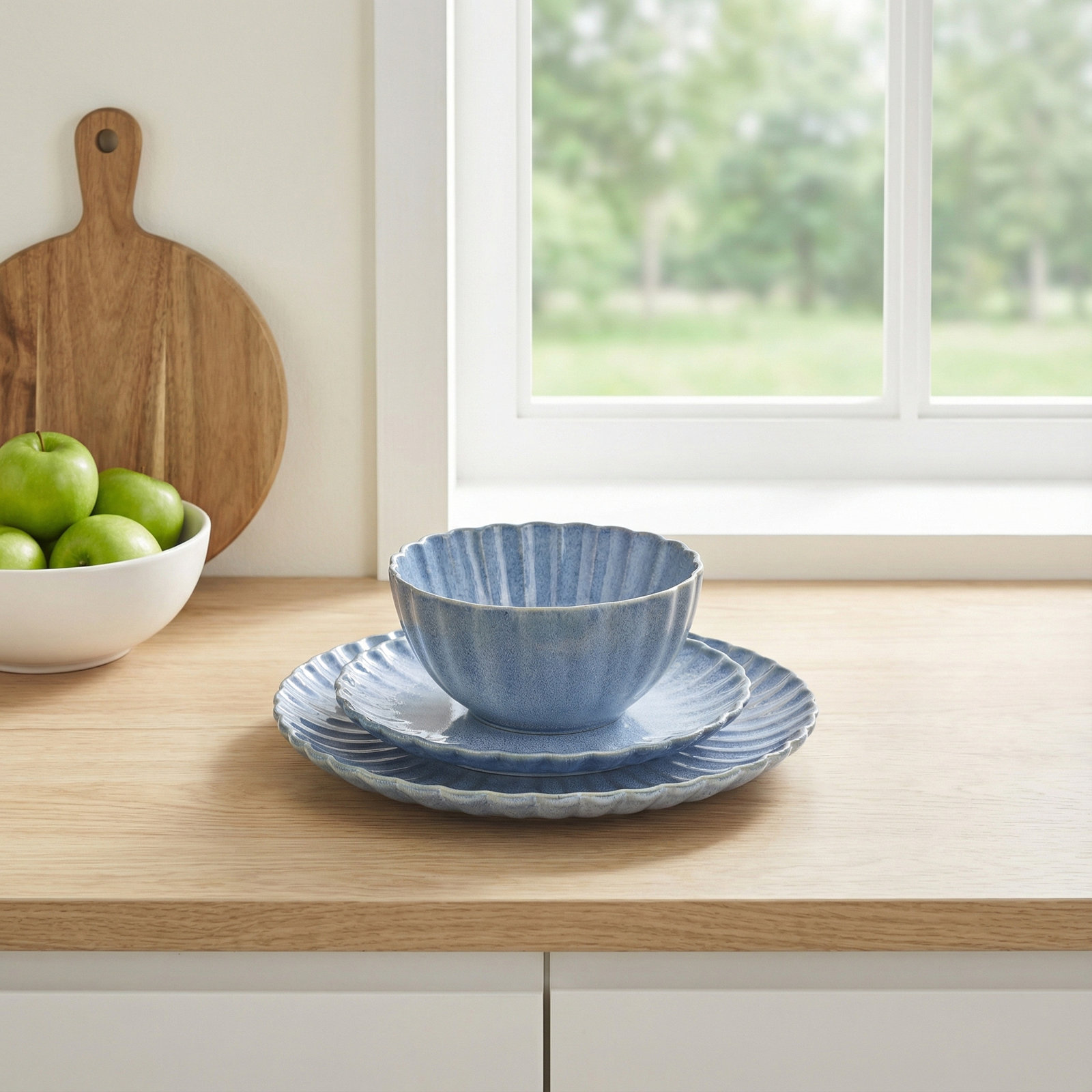 Sango Frill 12-Piece Casual Reactive Blue Dinnerware Set - Service For 4, Made Of Durable Stoneware