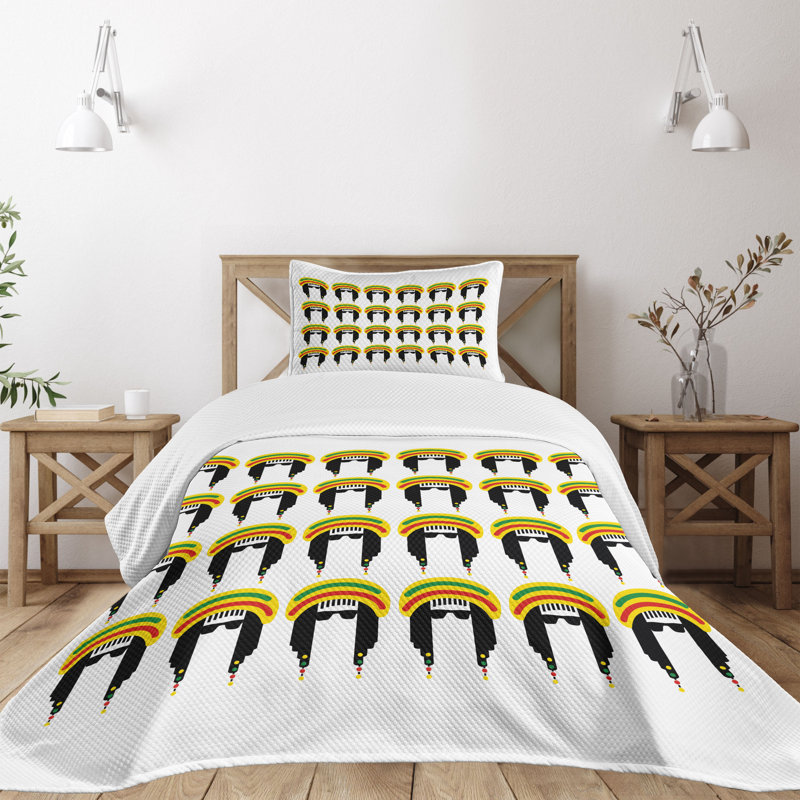 White Twin Quilted Bedspread Set with Colorful Dreadlocks Design