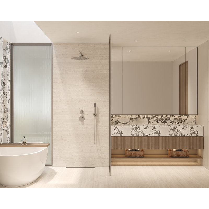 Tinian Thermostatic Shower System with Split Control Panel with 12-inch shower head, Handheld Shower in Brushed Nickel