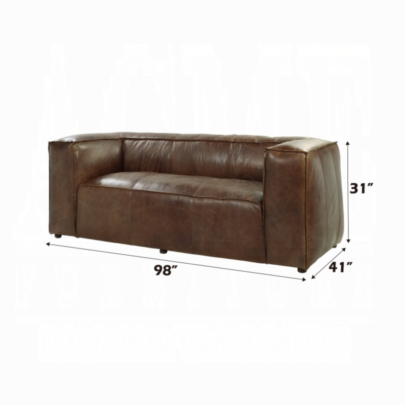 Haslingden 98"L Genuine Leather Upholstered Square Arm Chesterfield Sofa in Retro Brown
