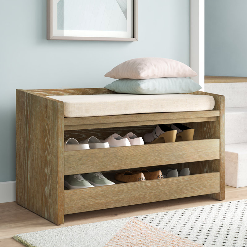 Percy Transitional 34'' Beige Linen and Rustic Oak Storage Bench