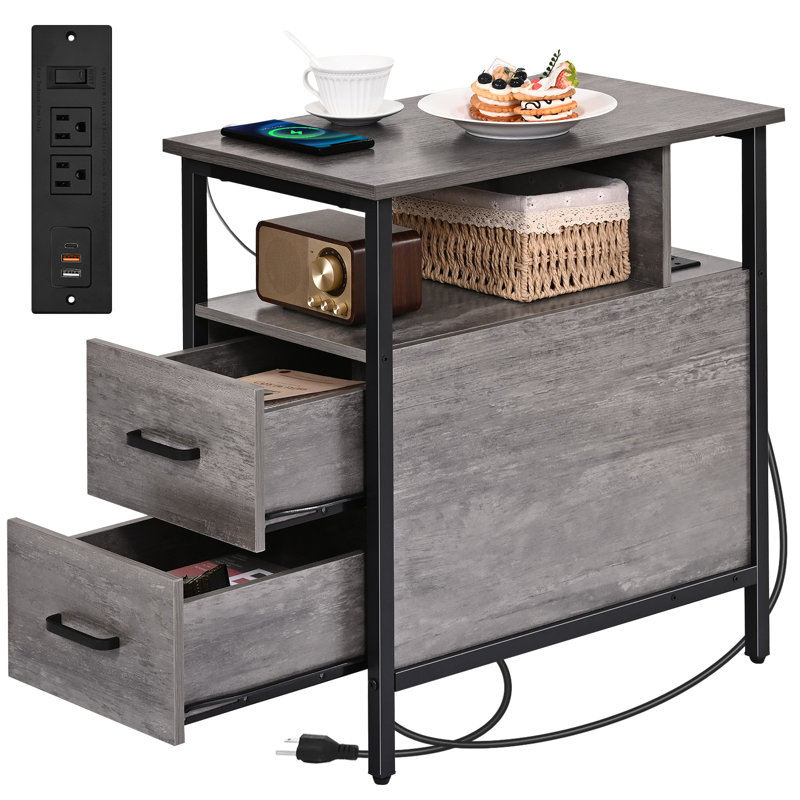 End Table with Charging Station, Narrow End Table with 2 Wooden Drawers, Light Gray