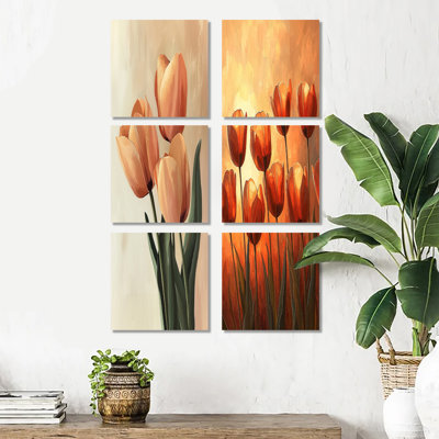Tulipes brunes, lueur d'automne, art mural sur toile florale, ensemble de 6