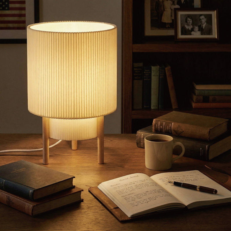 10'' Dimmable 2-tier Beige Pleated Fabric Shade Table with Natural Rubber Wood Base and E12 Lamp Holder for Bedroom Nightstands, Living Room Side Tables, Home Offices or Entryways