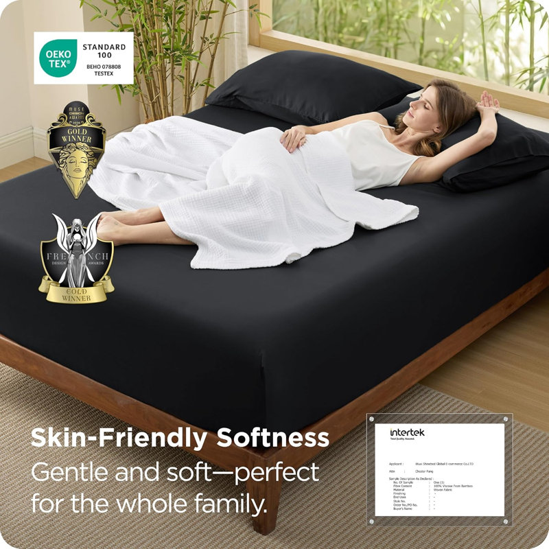 Bedsure 100% Bamboo Rayon Cooling Fitted Sheet, Breathable PureWoven Bed Sheet for Hot Sleepers with Deep Pocket, Black