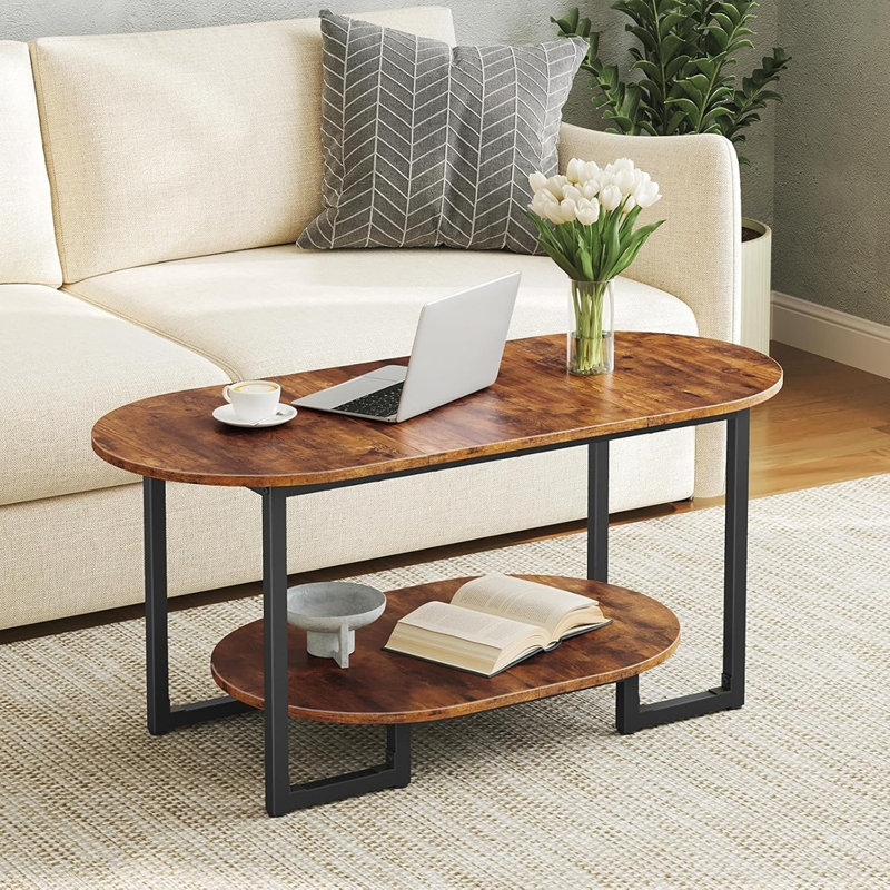 Petite table basse ovale pour le salon, étagère de rangement ouverte à 2 niveaux, table à thé de cocktail industrielle, table centrale en bois pour bureau à domicile (brun rustique)