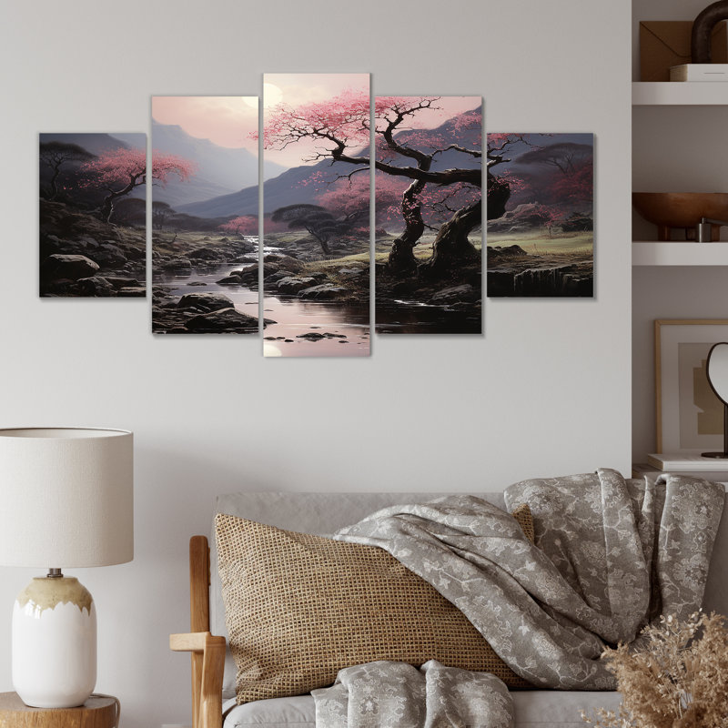Silhouette de cerisier en fleurs - ensemble d'art mural multi-panneaux
