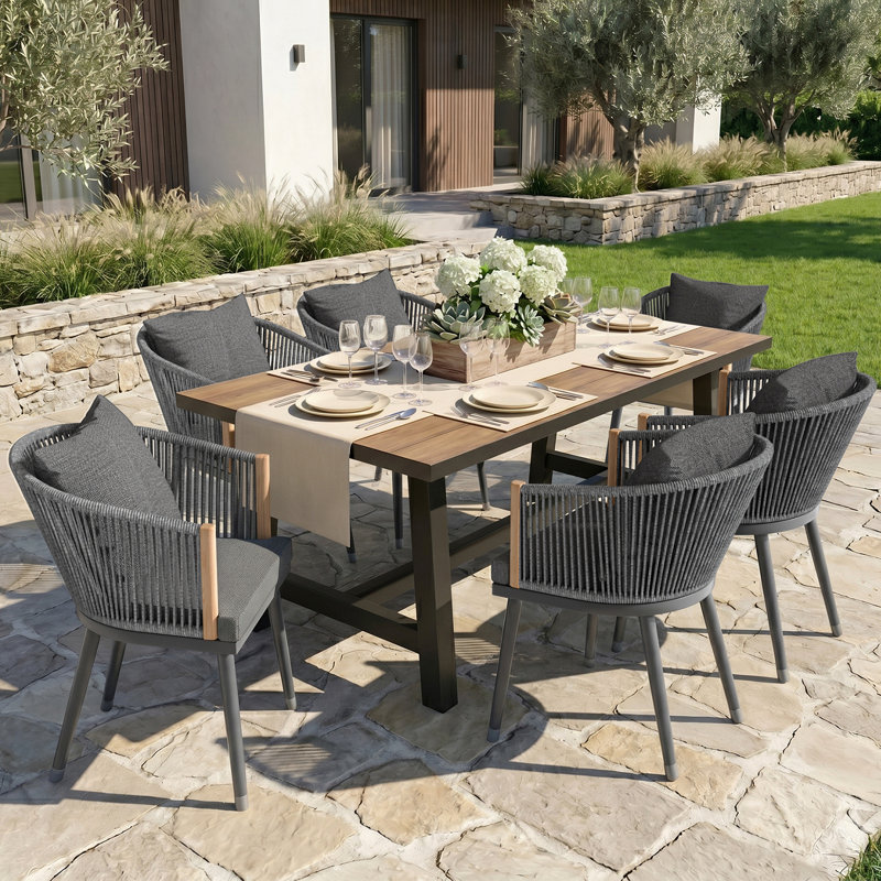 Meissalivve Dining Chairs Set Of 6, Curved Back Dining Room Chairs With Removable Cushions, Kitchen Chair With Boho Woven Rope Backrest, Outdoor Patio Dining Chairs, Grey