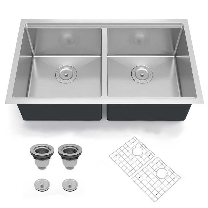 36x19" Undermount Double Bowl Kitchen Basin with Drainboard – 16 Gauge 304 Stainless Steel, 10" Deep, Brushed Finish, Commercial Grade, Noise-Reducing, Bottom Grid & Drain – Color: double SS sinkes