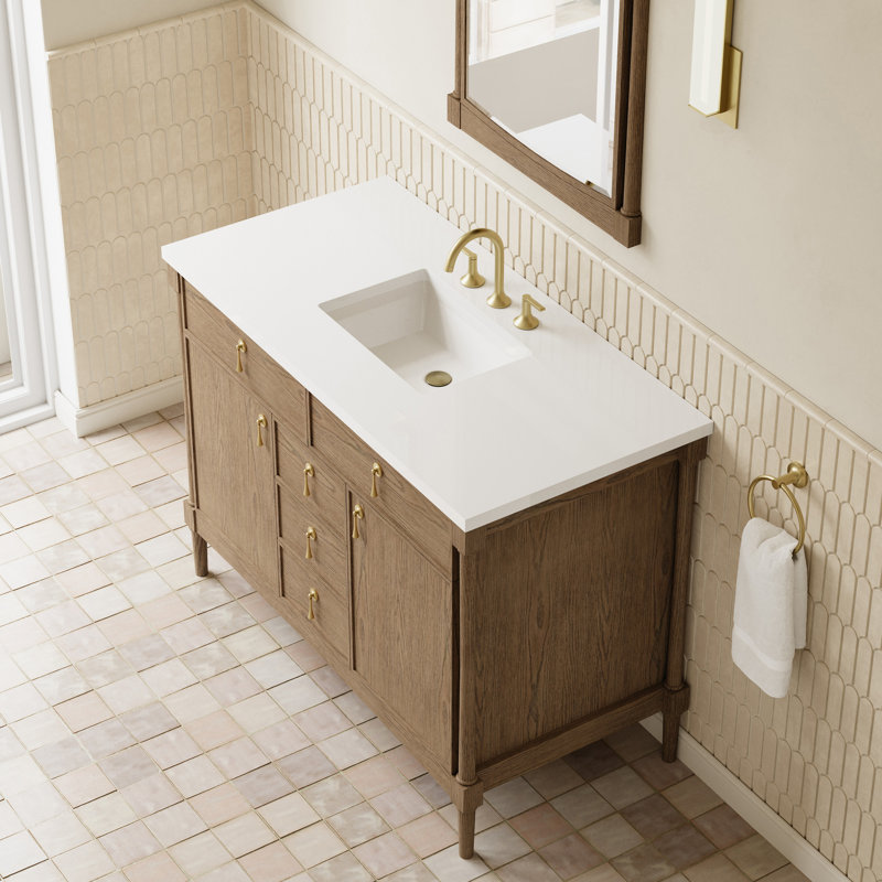 Kinnsden 48" W Single Vanity, White Zeus Silestone, 8" Widespread, Weathered Oak