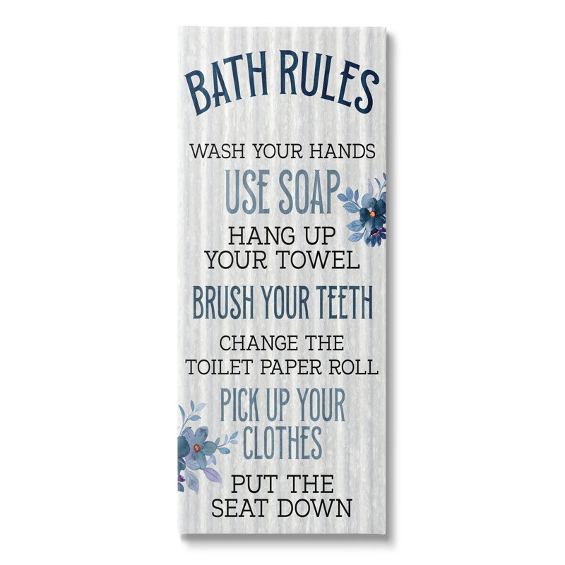 «Bathroom Rules Striped Floral List» par Kim Allen, art textuel sur toile tendue, H 48 po x l 20 po x P 1,5 po