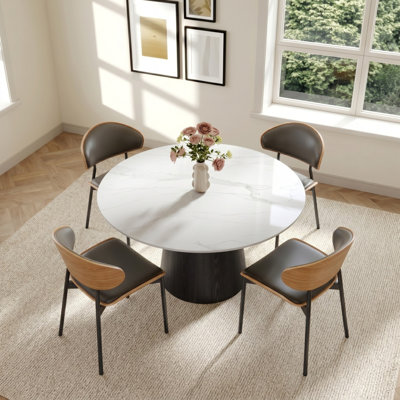 5Pcs Modern Pedestal Round Dining Kitchen Table With Metal Upholstered Chairs