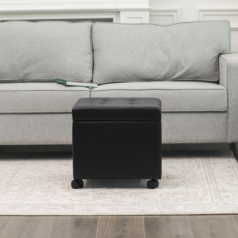  Clariece 17.7" Square Faux Leather Storage Ottoman with Casters, Black